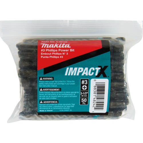 Makita A-99122 ImpactX™ #3 Phillips 3‑1/2″ Power Bit, 50/pk, Bulk
