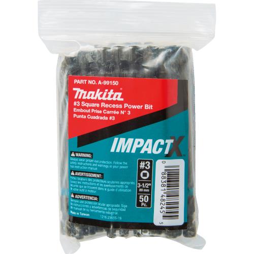 Makita A-99150 ImpactX™ #3 Square Recess 3‑1/2″ Power Bit, 50/pk, Bulk