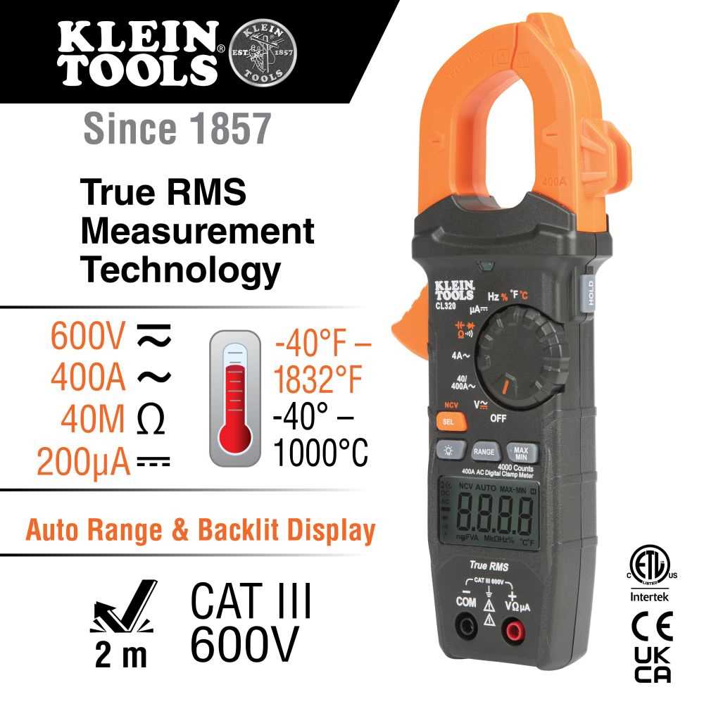 Klein Tools CL320 Hvac Digital Clamp Meter, Ac Auto-Ranging 400 Amp