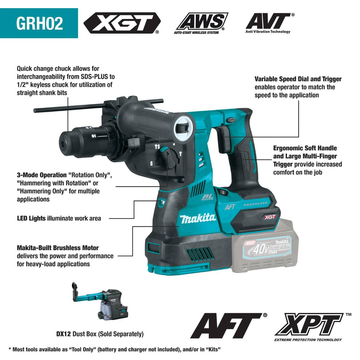 Makita GRH02Z 40V max XGT® Brushless Cordless 1‑1/8" SDS‑PLUS AVT® Rotary Hammer, with Interchangeable Chuck, AWS® Capable, Tool Only