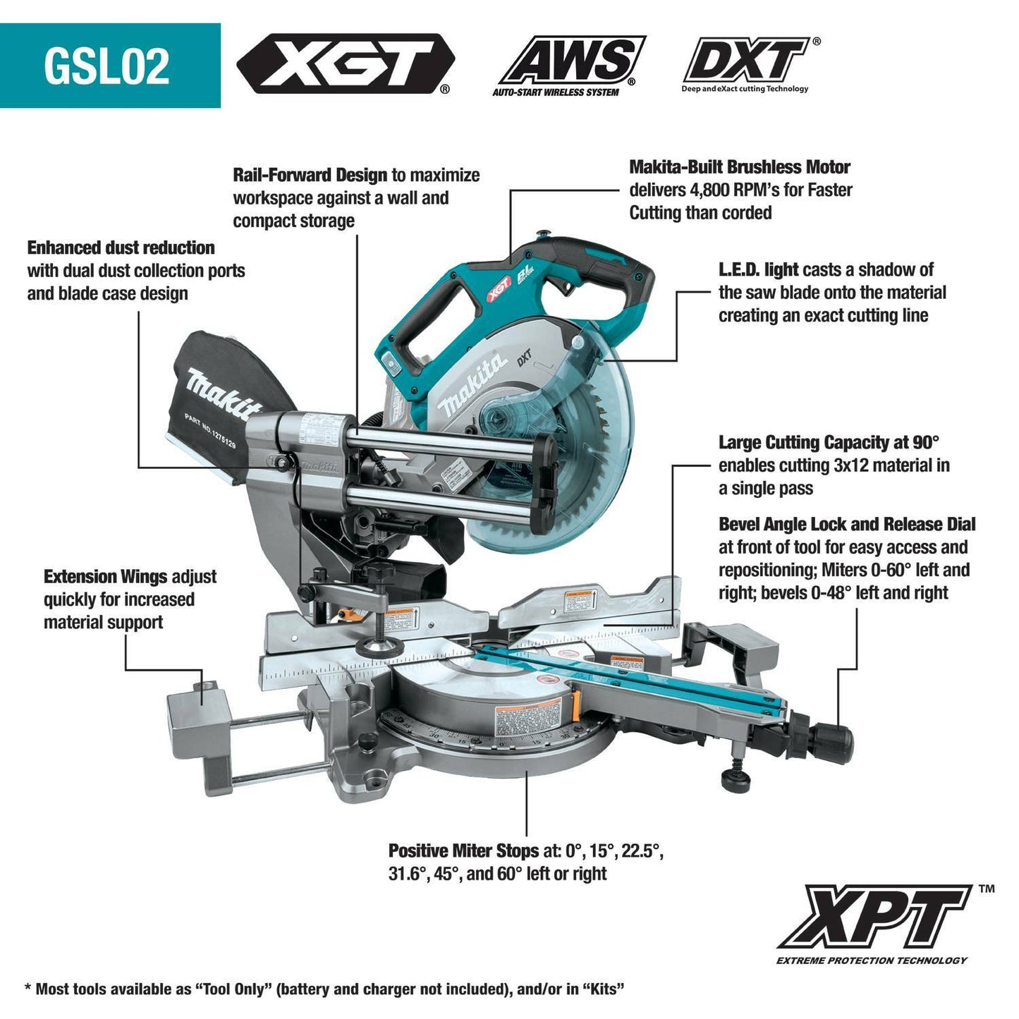 Makita GSL02Z 40V max XGT® Brushless Cordless 8‑1/2" Dual‑Bevel Sliding Compound Miter Saw, AWS® Capable, Tool Only