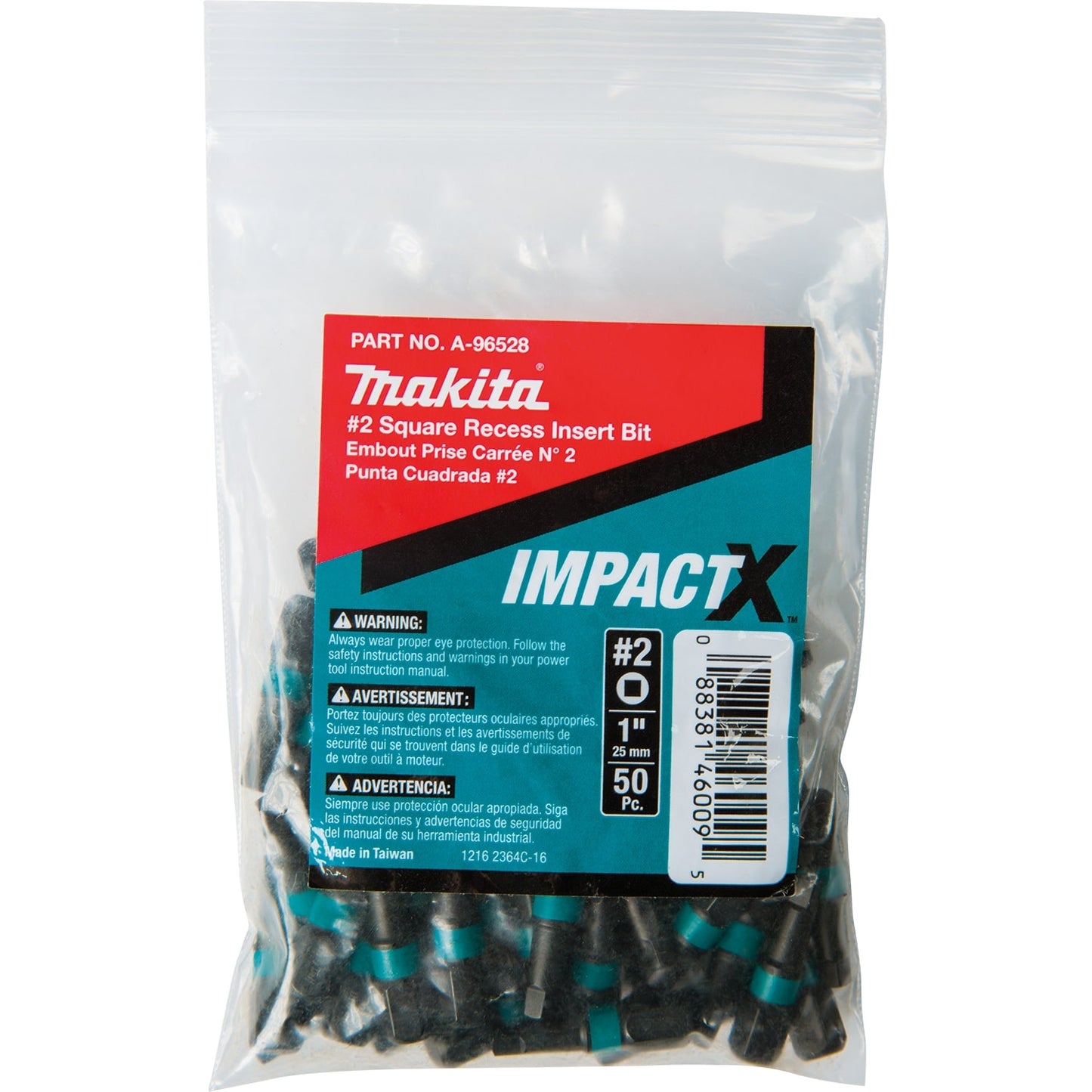 Makita A-96528 ImpactX™ #2 Square Recess 1″ Insert Bit, 50/pk, Bulk