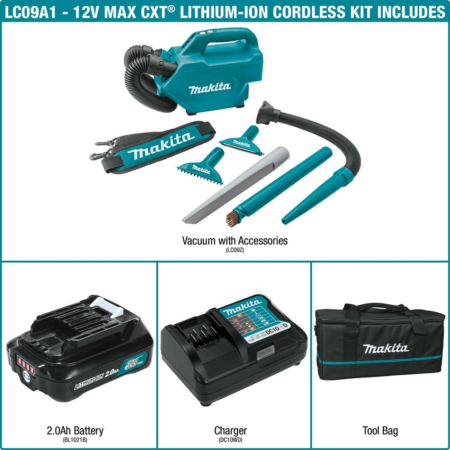 Makita LC09A1 12V max CXT® Lithium‑Ion Cordless Vacuum Kit (2.0Ah)