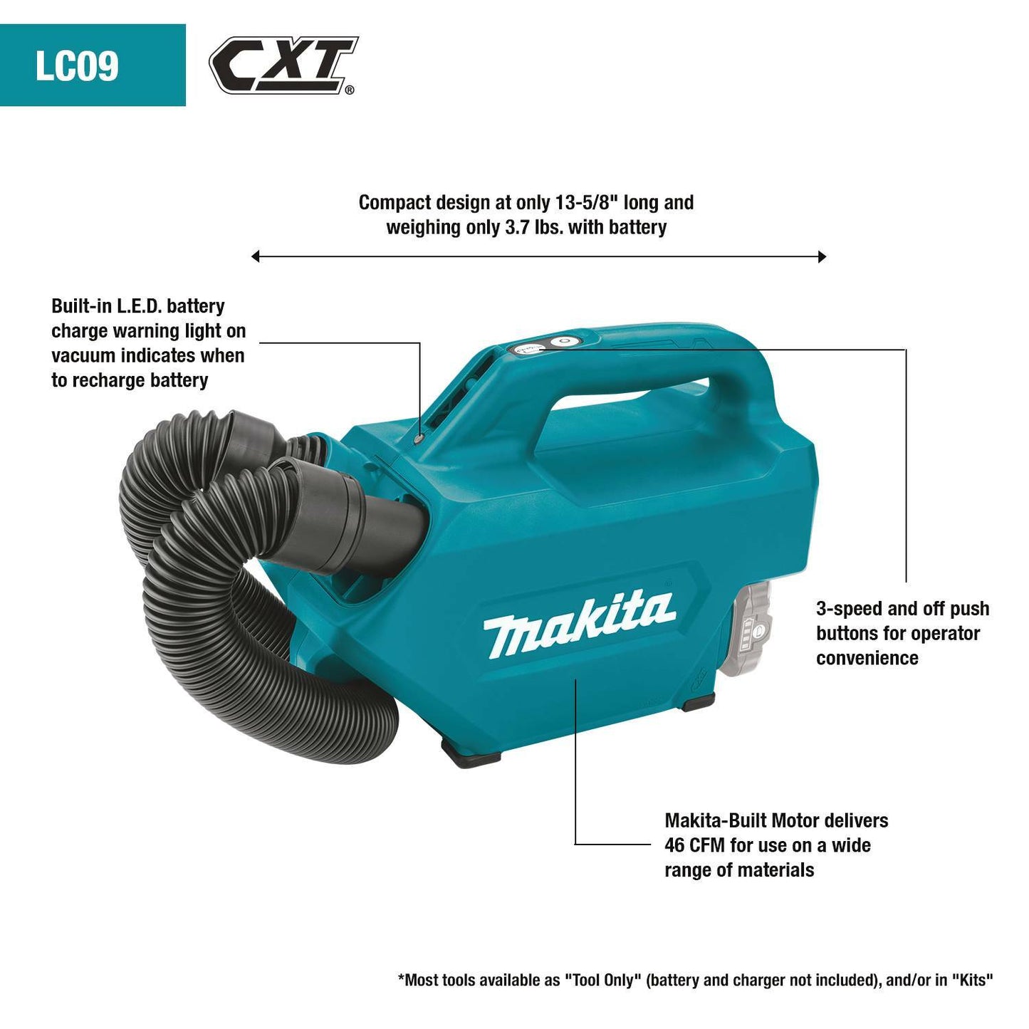 Makita LC09A1 12V max CXT® Lithium‑Ion Cordless Vacuum Kit (2.0Ah)