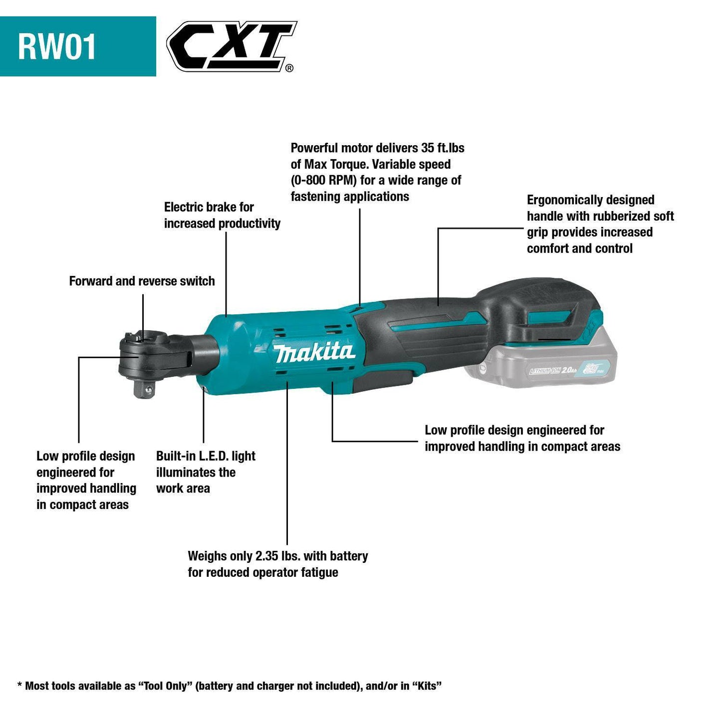 Makita RW01Z 12V max CXT® Lithium‑Ion Cordless 3/8" / 1/4" Sq. Drive Ratchet, Tool Only