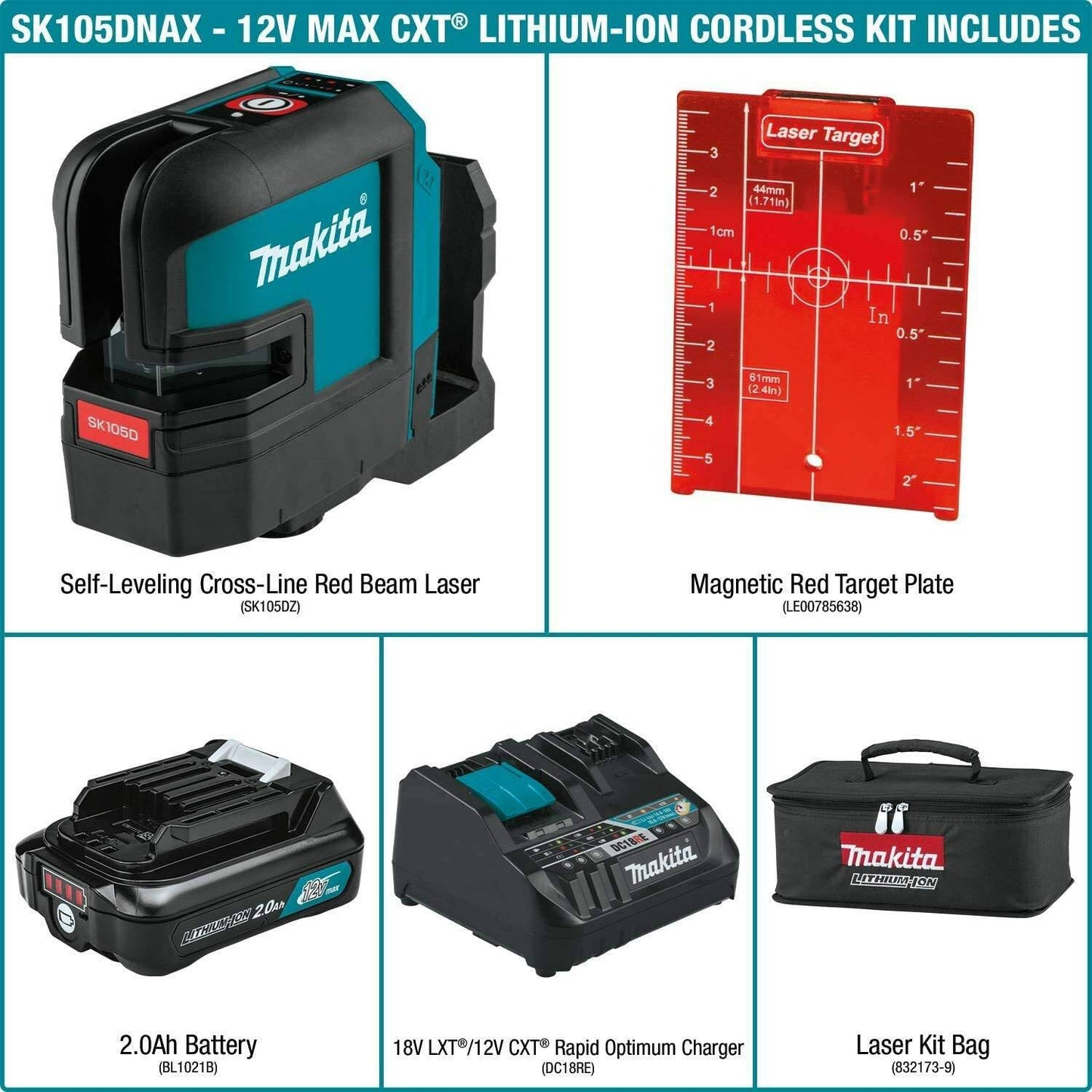 Makita SK105DNAX 12V max CXT® Lithium‑Ion Cordless Self‑Leveling Cross‑Line Red Beam Laser Kit (2.0Ah)