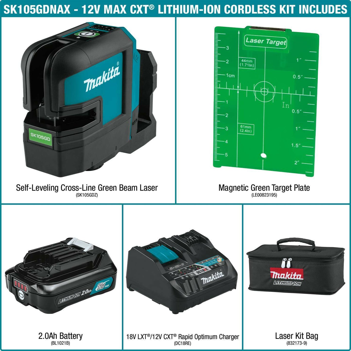 Makita SK105GDNAX 12V max CXT® Lithium‑Ion Cordless Self‑Leveling Cross‑Line Green Beam Laser Kit (2.0Ah)