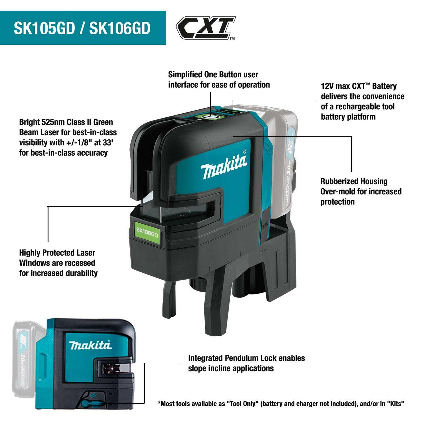 Makita SK105GDNAX 12V max CXT® Lithium‑Ion Cordless Self‑Leveling Cross‑Line Green Beam Laser Kit (2.0Ah)