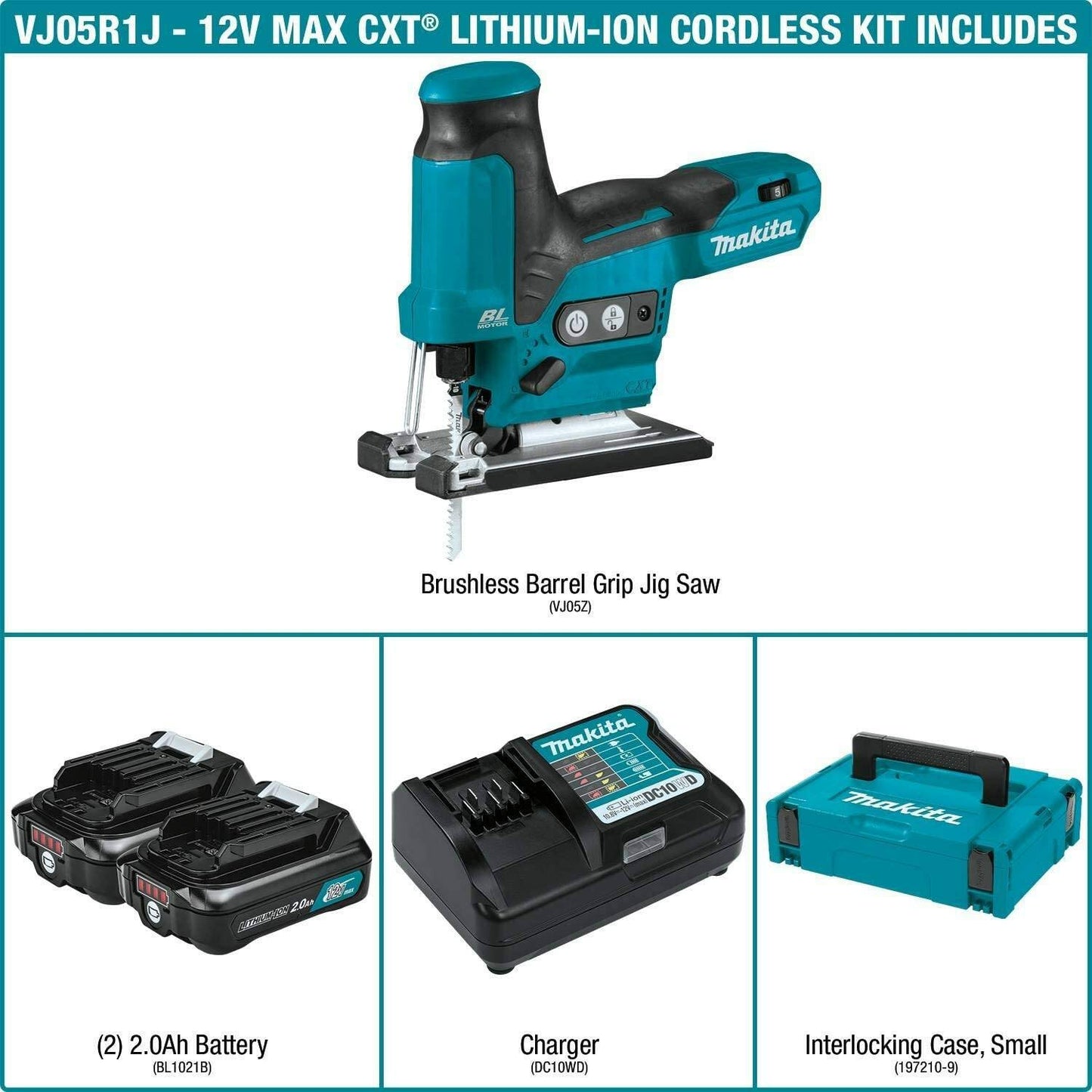 Makita VJ05R1J 12V max CXT® Lithium‑Ion Brushless Cordless Barrel Grip Jig Saw Kit (2.0Ah)