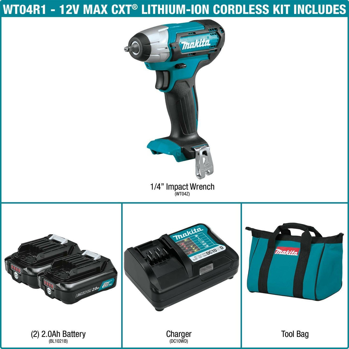 Makita WT04R1 12V max CXT® Lithium‑Ion Cordless 1/4" Impact Wrench Kit (2.0Ah)