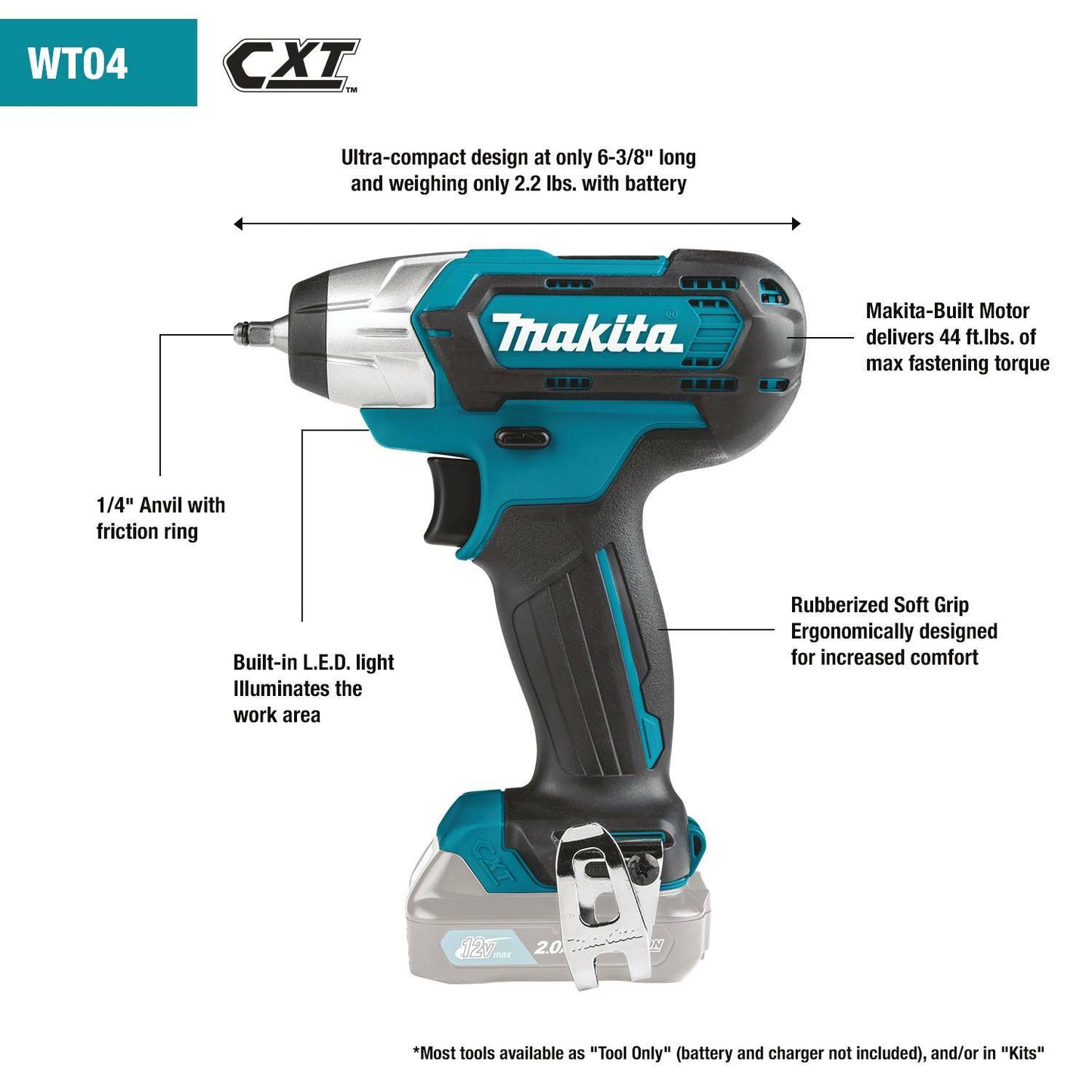 Makita WT04R1 12V max CXT® Lithium‑Ion Cordless 1/4" Impact Wrench Kit (2.0Ah)