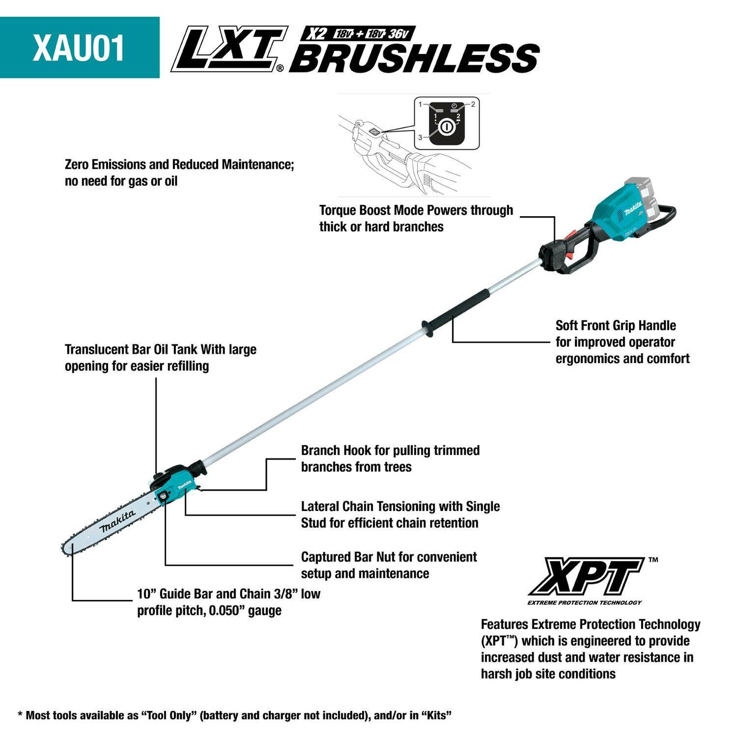 Makita XAU01PTB 36V (18V X2) LXT® Brushless 10" Pole Saw Kit, 8' Length (5.0Ah)