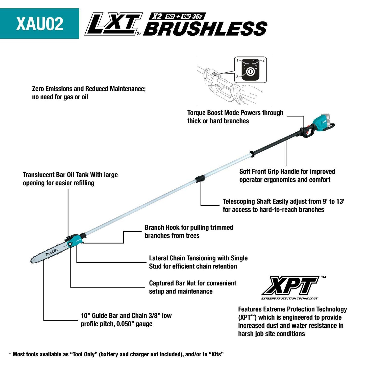 Makita XAU02PTB 36V (18V X2) LXT® Brushless 10" Telescoping Pole Saw Kit, 13' Length (5.0Ah)