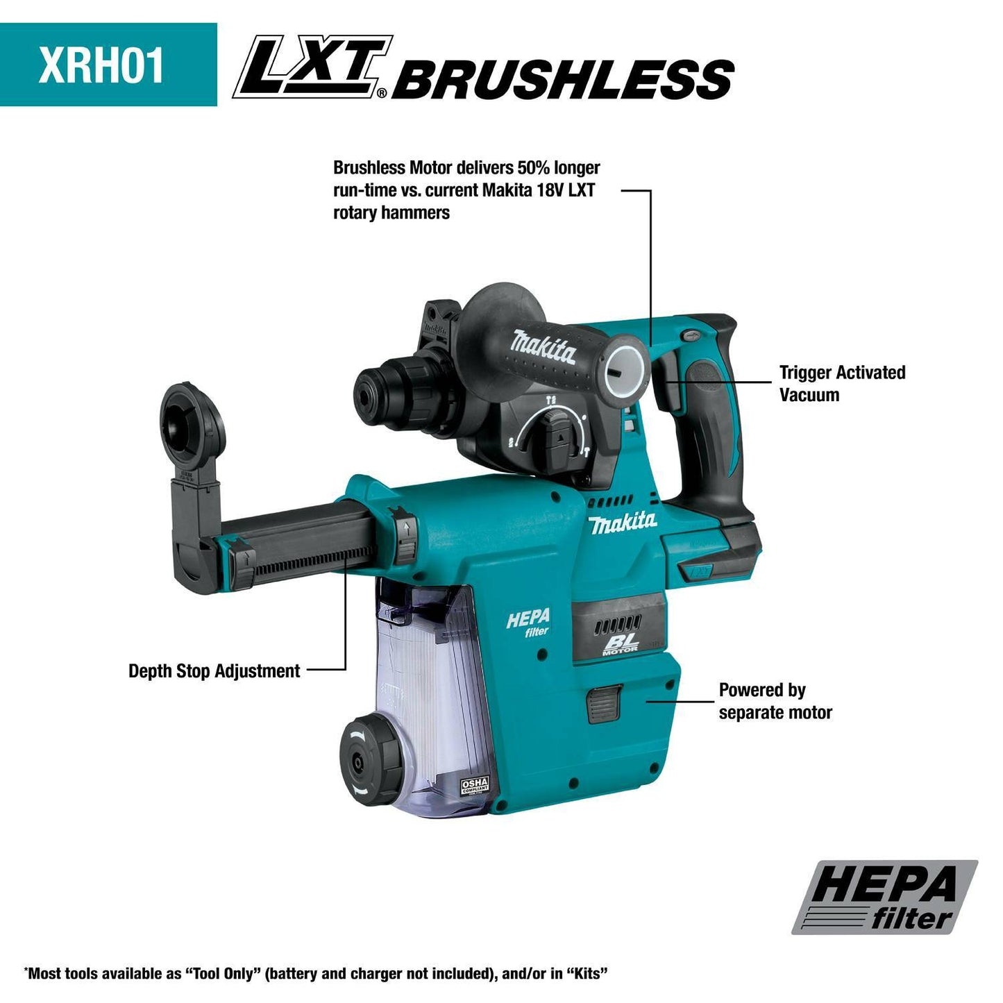 Makita XRH01ZWX 18V LXT® Lithium‑Ion Brushless Cordless 1" SDS‑PLUS Rotary Hammer, w/ HEPA Dust Extractor Attachment, Tool Only