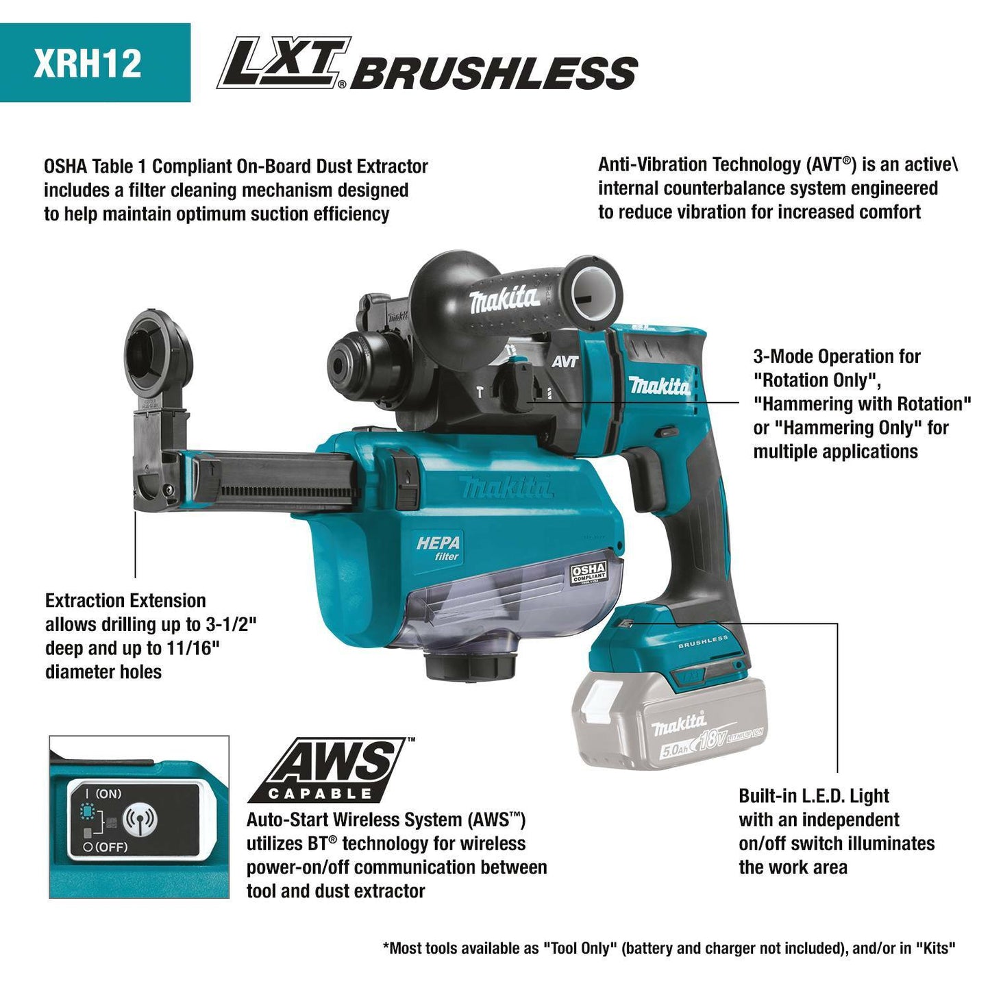 Makita XRH12ZW 18V LXT® Lithium‑Ion Brushless Cordless 11/16" SDS‑PLUS AVT® Rotary Hammer, w/ HEPA Dust Extractor, AWS® Capable, Tool Only