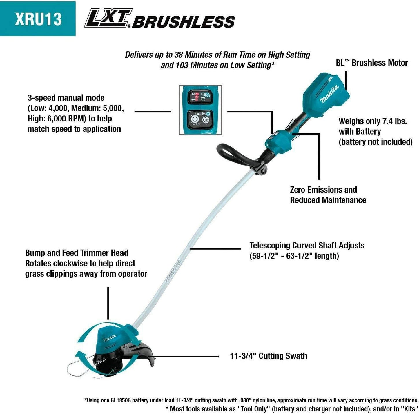 Makita XRU13Z 18V LXT® Lithium‑Ion Brushless Cordless Curved Shaft String Trimmer, Tool Only