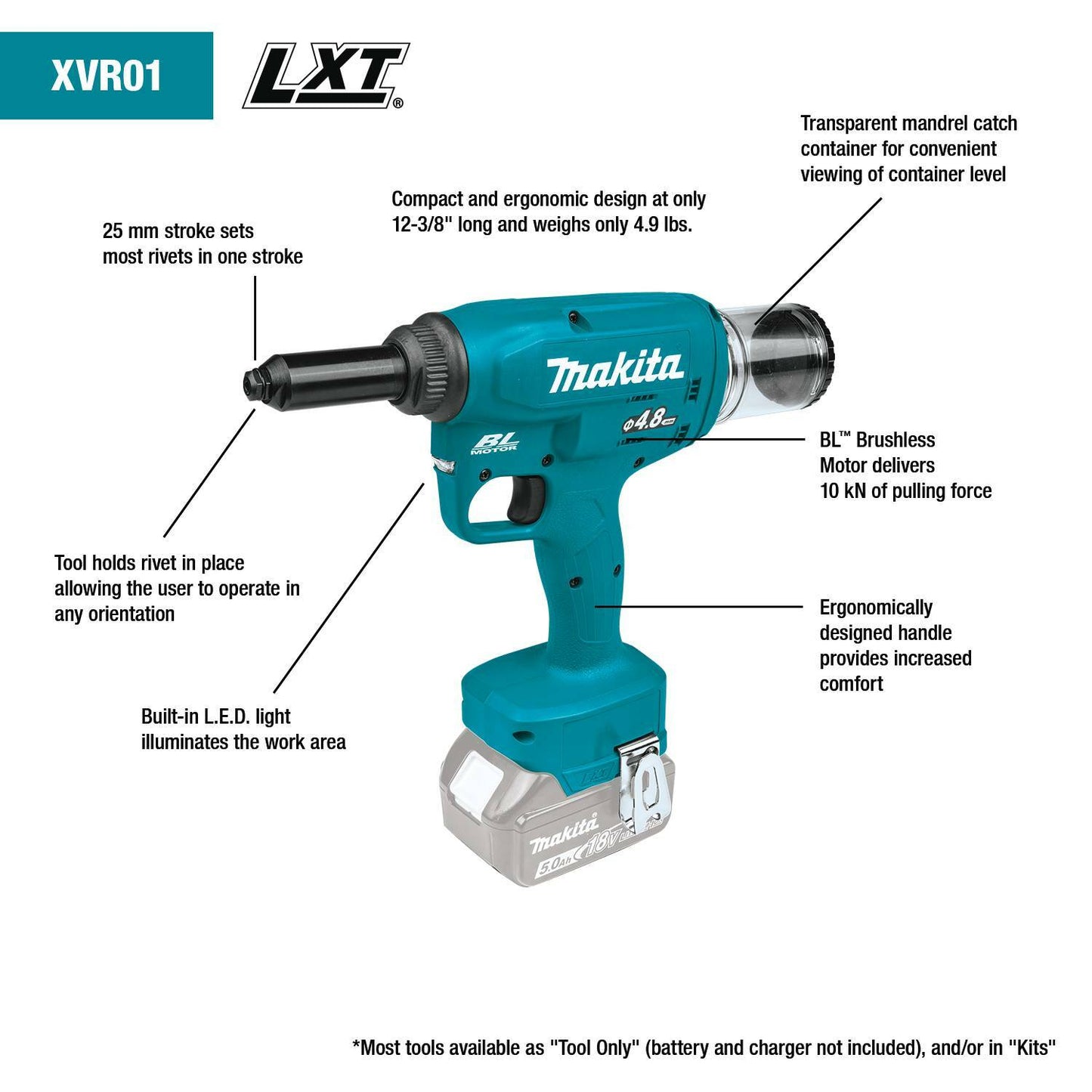 Makita XVR01T 18V LXT® Lithium‑Ion Brushless Cordless Rivet Tool Kit (5.0Ah)