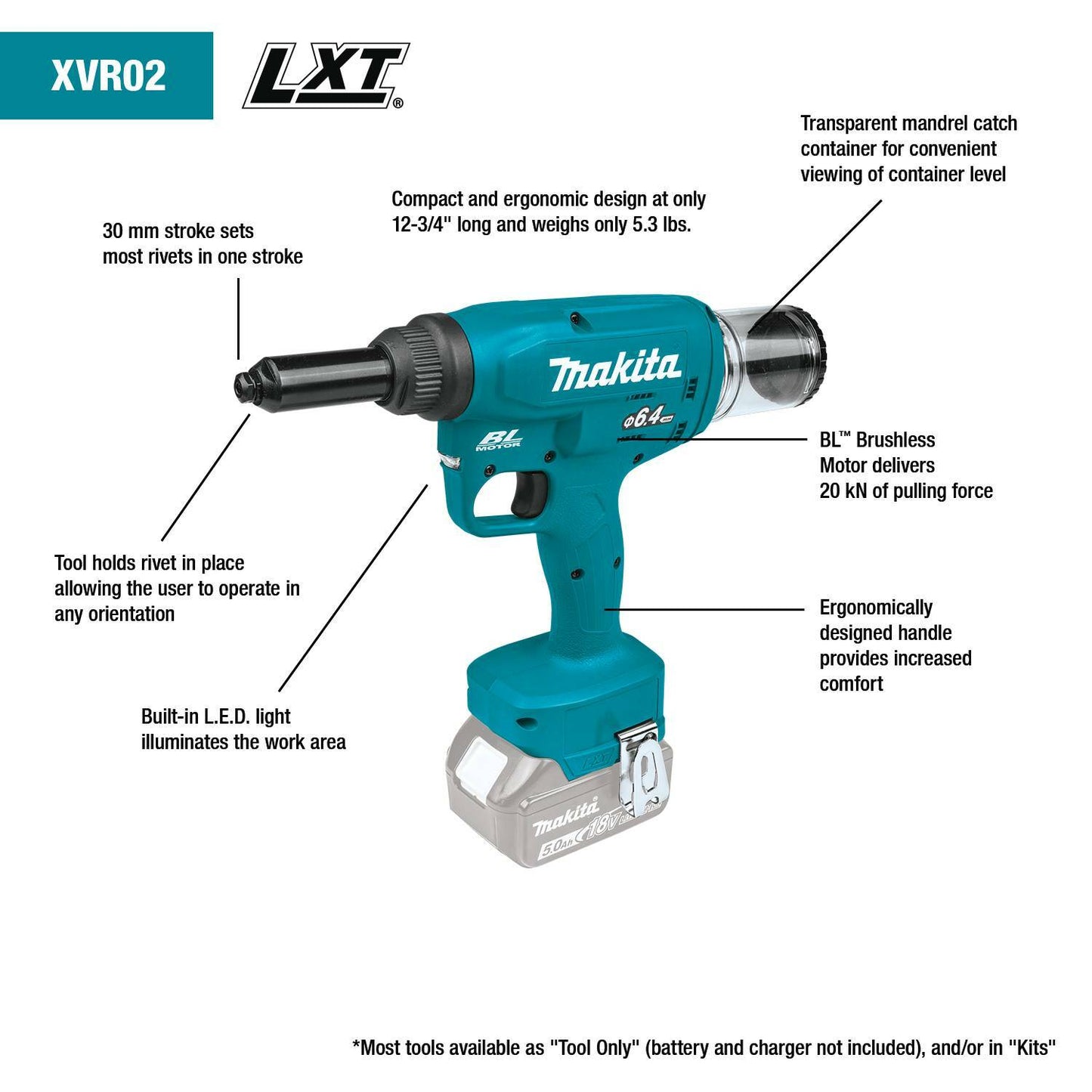 Makita XVR02T 18V LXT® Lithium‑Ion Brushless Cordless Rivet Tool Kit (5.0Ah)